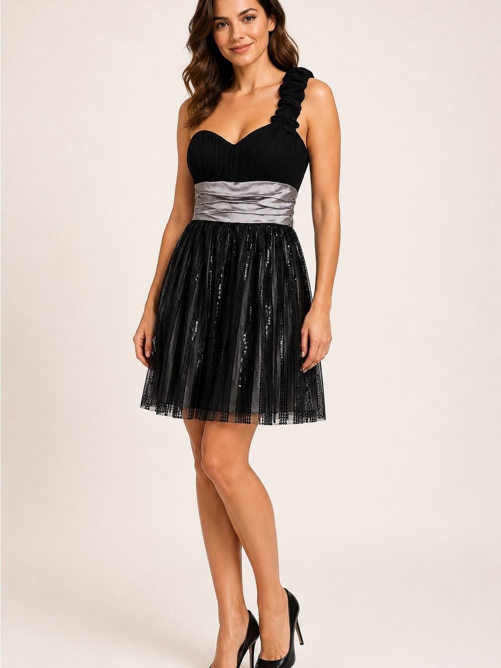 Black One-Shoulder Cocktail Dress with Silver Waist